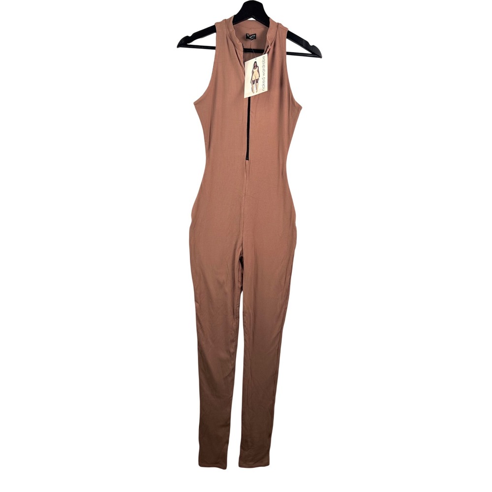 Naked Wardrobe zipped Jumpsuit sz M Coco Brown Ribbed catsuit ribbed sexy